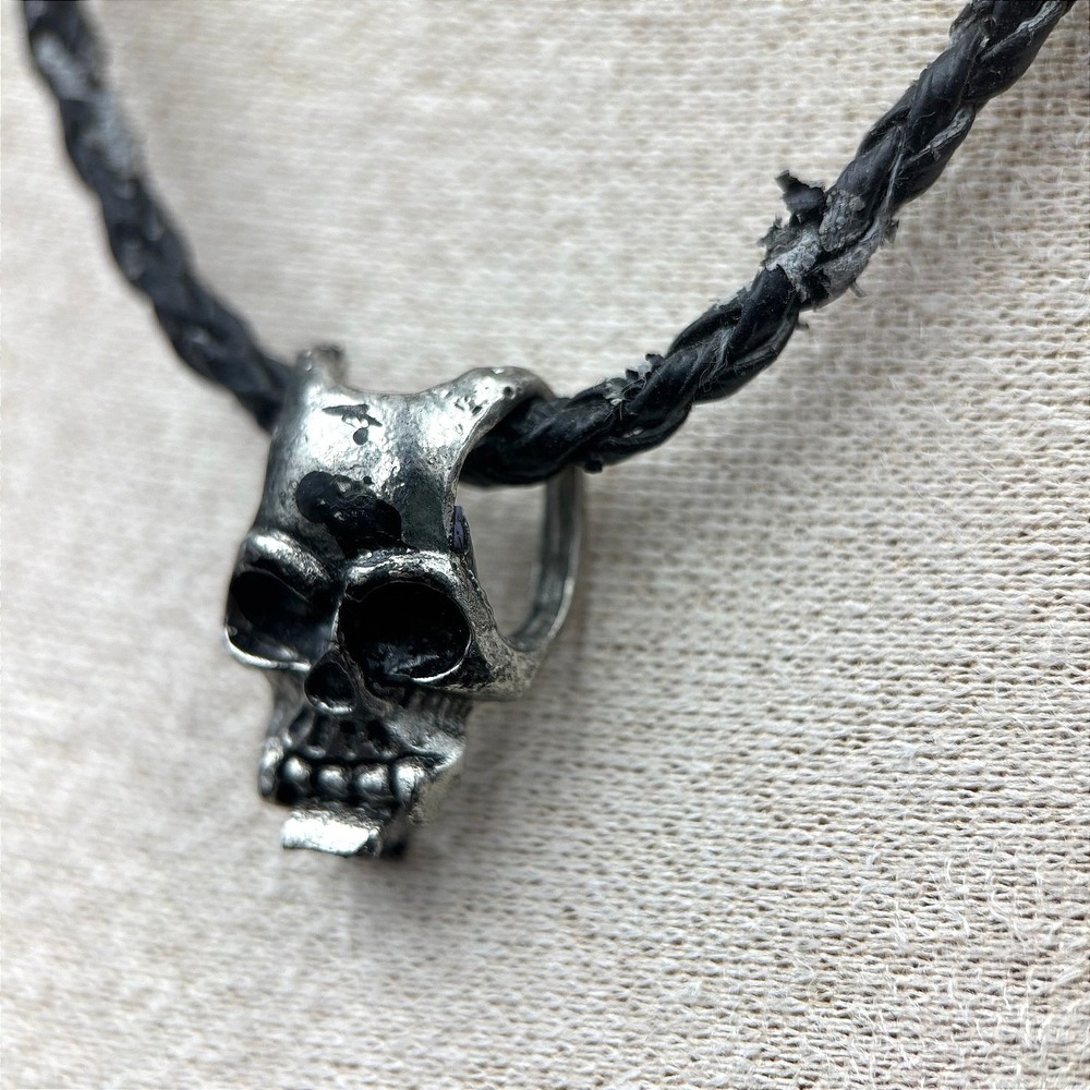 Vintage Silver-Tone Black Human Skull Retro Classic Braided Cord Charm Pendant